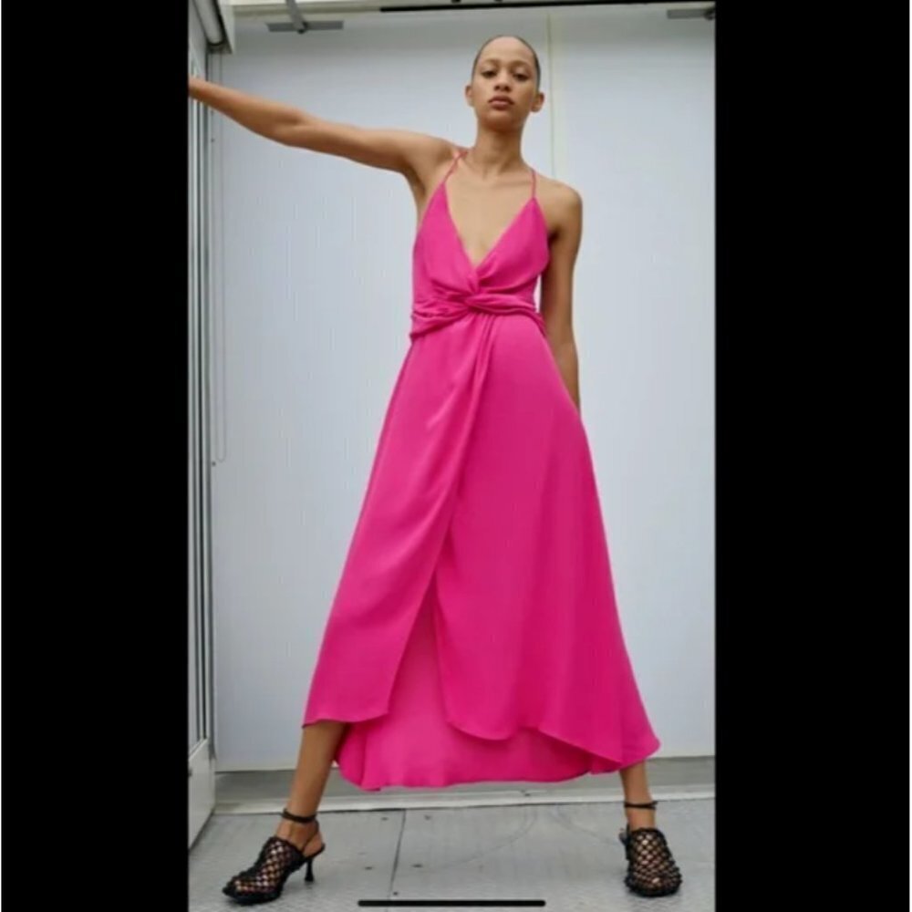 NWT Zara Magenta Pink Crepe Twist Front Strappy Midi Dress Size XS